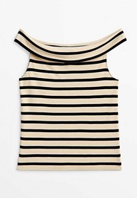 Haut à épaules dénudées avec des rayures horizontales noires et crème, fabriqué en tissu doux avec une coupe ajustée et un large décolleté.