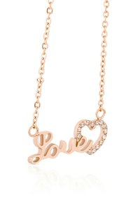 Rose gold halskæde med ordet "Kærlighed" i kursiv, prydet med en hjerteomrids udsmykket med klare krystaller, anhængt til en delikat kæde.