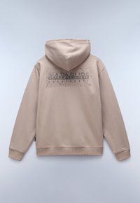 Sudadera beige con un estampado gráfico texturizado en gris en la parte trasera. Cuenta con capucha ajustable con cordón y puños y dobladillo acanalados. Textura de tela suave.