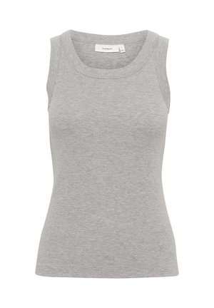 Sivi rebrasti top bez rukava s okruglim izrezom. Glatka tekstura, prilježno oblikovanje i suptilne varijacije u boji tkanine.