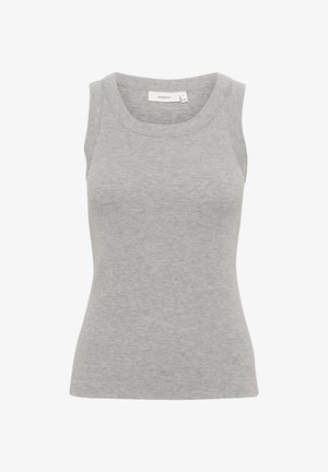 Sivi rebrasti top bez rukava s okruglim izrezom. Glatka tekstura, prilježno oblikovanje i suptilne varijacije u boji tkanine.