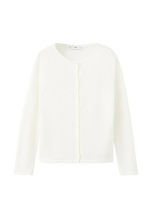 Cárdigan blanco de manga larga con botones, cuello redondo y puños ajustados, exhibido plano sobre un fondo blanco.