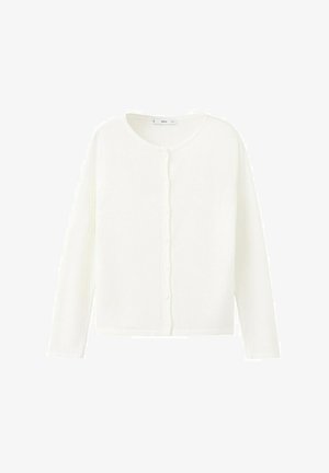 Biały kardigan na guziki z długimi rękawami, okrągłym dekoltem i dopasowanymi mankietami, ułożony płasko na białym tle.