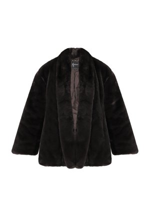 Must musta mantel pehmea ja karvane tekstuur, avatud esi, laiad varrukad ja ilma kinnitusteta. Siseosa on vooderdatud siledast kangast.