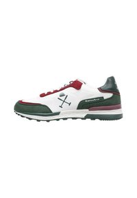 Zapatilla deportiva con parte superior de malla blanca y acentos en gamuza verde, cordones burdeos, logotipo negro, suela texturizada y diseño atlético retro.