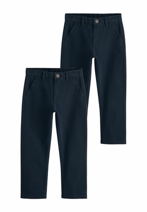 To par mørkeblå afslappede bukser med knaplukning og sidelommer, vist mod en hvid baggrund.