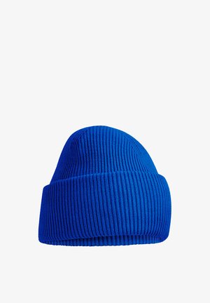 Bright blue ribbed knit beanie hat with folded cuff, designed for cold weather.