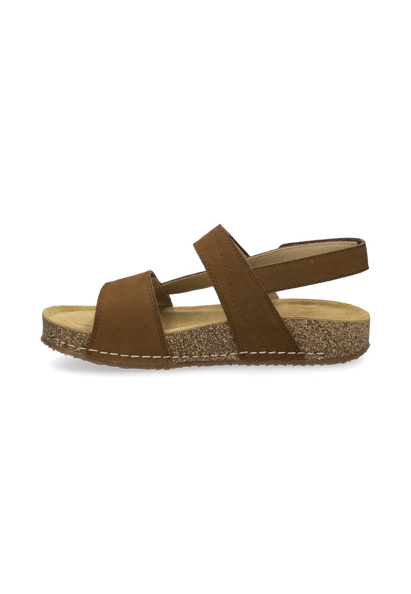 Brown suede sandal with two wide straps, open toe, and a cork-like foam sole. Features white stitching and a slingback design for support.