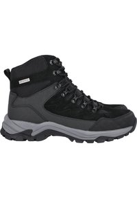 Stivali da trekking impermeabili neri con parte superiore in suede e sintetico, design con lacci, colletto imbottito e suola in gomma robusta.