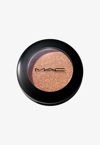 MAC Lidschatten in einem runden schwarzen Behälter mit transparentem Deckel, der ein schimmerndes, pfirsichfarbenes Puder mit strukturierter Oberfläche zeigt.