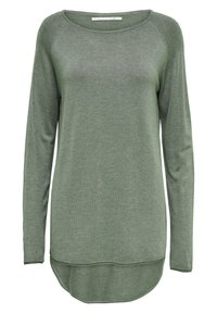 Långärmad grön tröja i mjukt tyg, med rundad halsringning och en något längre bakre fåll.