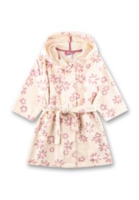 Badjas met bloemenpatroon in een zachte, beige stof met roze bloemen, een capuchon, voorzakken en een strikceintuur.