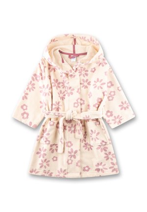 Bademantel mit floralem Muster aus weichem, beigem Stoff mit pinken Blumen, einer Kapuze, vorderen Taschen und einem gebundenen Taillengürtel.