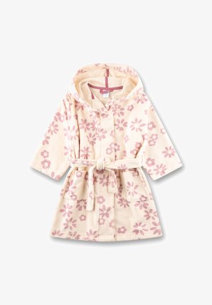 Badjas met bloemenpatroon in een zachte, beige stof met roze bloemen, een capuchon, voorzakken en een strikceintuur.