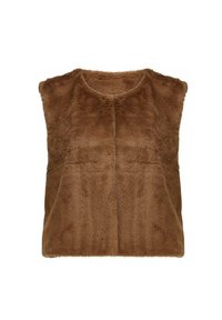 Veste en fausse fourrure marron avec un col haut, sans manches et une texture douce et pelucheuse. La partie avant présente une coupe simple et sans couture.