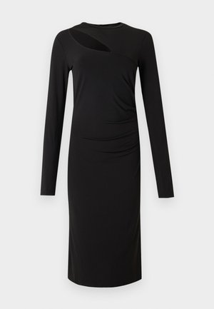 Black long-sleeve dress with a round neckline, featuring a cut-out detail on the chest and ruched fabric on one side. Smooth texture.