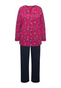 Set van twee kledingstukken met een roze top met lange mouwen en een draaiend patroon, en een marineblauwe broek. De stof is zacht en heeft een relaxed fit.