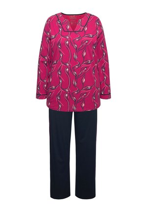 Completo di abbigliamento a due pezzi con una maglietta rosa a maniche lunghe decorata da un motivo vorticoso e pantaloni blu navy. Il tessuto è morbido e la vestibilità è rilassata.