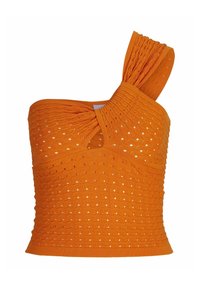 Top naranja de un solo hombro, fabricado en tejido de punto texturizado, con un corte en forma de llave y detalles estampados en toda la prenda.