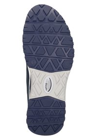 Suela de zapato de goma en color navy con un patrón de relieve texturizado y geométrico, una media suela de cojín blanca y detalle de marca "rolling soft".