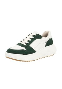 Green and white sneakers featuring suede and leather material, thick rubber sole with vertical ridges, and white laces.