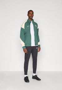 Zeleni i krem Nike trenirka s patentnim zatvaračem, uparena s bijelom majicom, crnim uskim hlačama i crnim tenisicama.