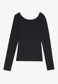 Black long-sleeve top with a ribbed texture and wide scoop neckline. Smooth fabric and fitted design. Simple and solid color without patterns.