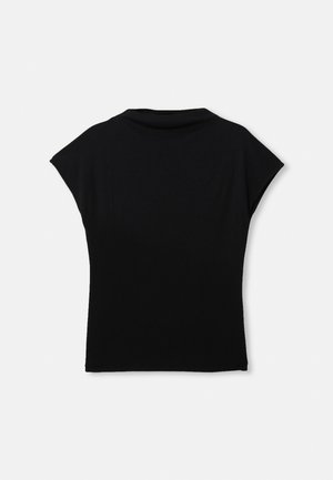 Black short-sleeve top with a loose fit, made from a soft material. Features a rounded neckline and a smooth, even texture.