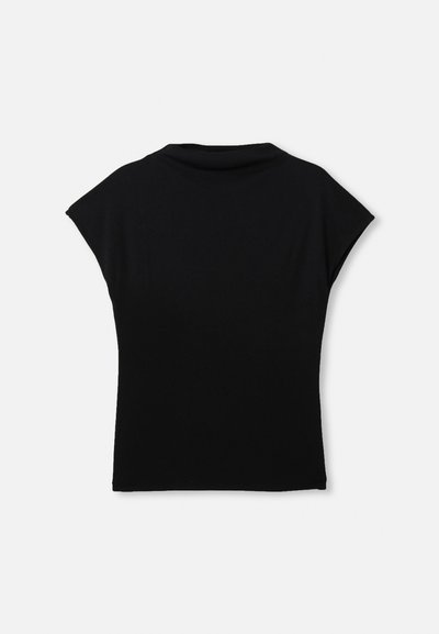 Black short-sleeve top with a loose fit, made from a soft material. Features a rounded neckline and a smooth, even texture.