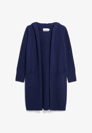 Marineblauer, langer Cardigan aus weichem Stoff. Verfügt über eine Kapuze, zwei Fronttaschen und ein offenes Design. Sanfte Textur und lockere Passform.