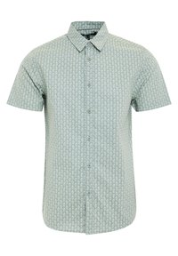 Kurzarmshirt aus hellgrünem Stoff mit weißem Blumenmuster, Knopfverschluss und klassischem Kragen.