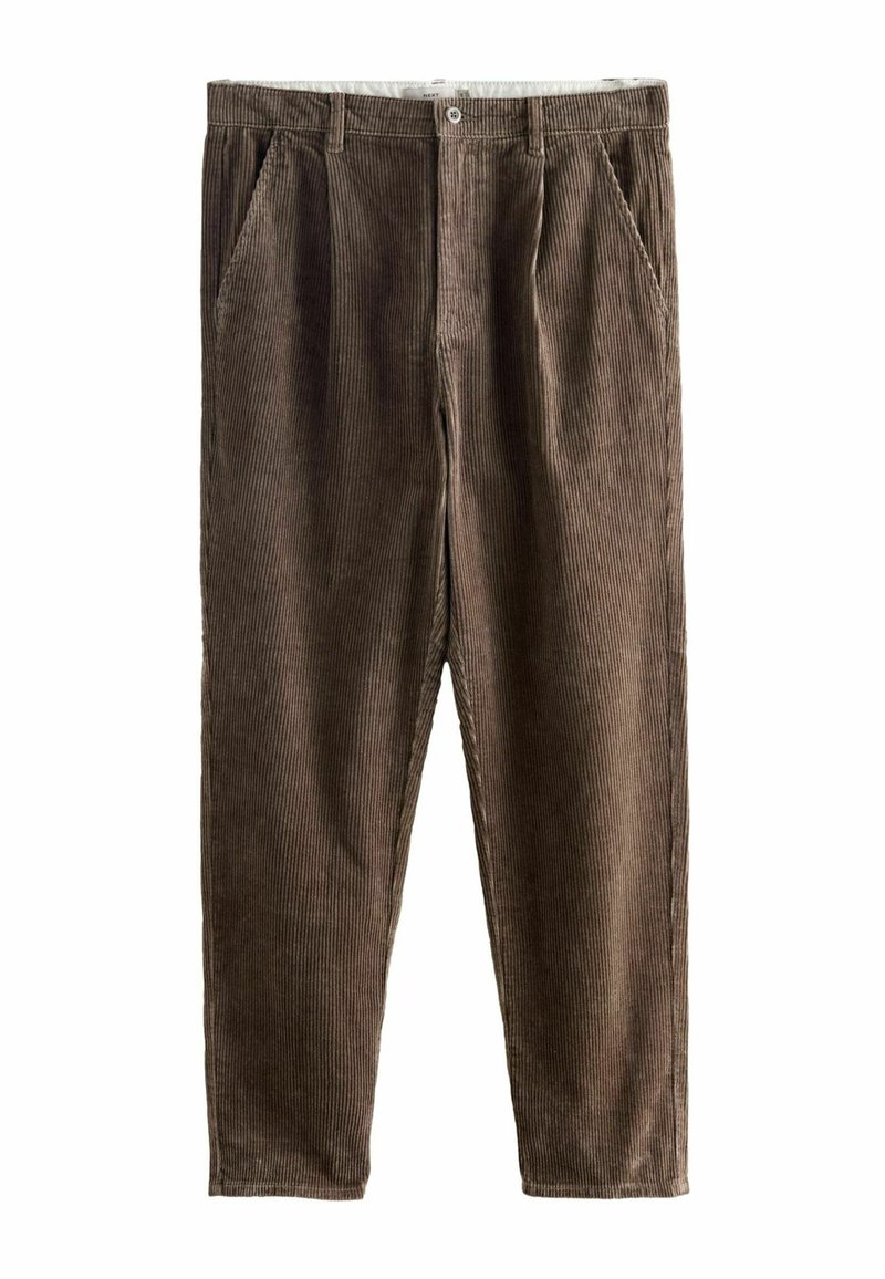 Bruine corduroy broek met een rechte snit, voorzien van verticale ribbels, zijzakken en een knoopsluiting in de taille.