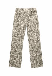 Les jeans imprimés léopard présentent un fond beige avec des taches gris foncé, un design à jambe droite et un style à cinq poches. Fabriqués en tissu en denim.
