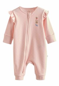 Combinaison bébé rose clair avec petits pois, détails volantés aux épaules, fermeture éclair centrale, et broderies de lapin, fraise et nœud sur la poitrine.