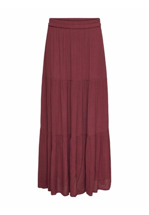 Ilgas, laisvai krintantis vyno raudonos spalvos sijonas su sluoksniuotu dizainu ir elastine liemenėle, pagamintas iš lengvos medžiagos.