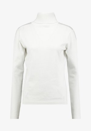 Baltas megztinis su aukštu kaklu, pagamintas iš minkštos mezginio medžiagos. Pasižymi ilgomis rankovėmis, raukšlėtu apykakle ir rankogaliais, lygia tekstūra ir minimalistiniu dizainu.