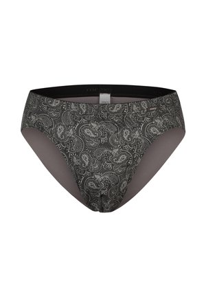 Dunkelgraue Slips mit weißem Paisley-Muster und schwarzem Bund mit kleinem Markenlabel vorne rechts.