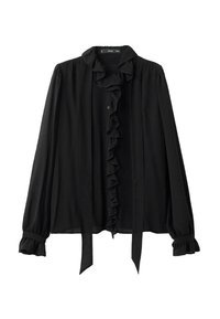 Blusa nera realizzata in tessuto leggero, con un davanti arricciato, maniche lunghe con polsini arricciati e colletto con fiocco.