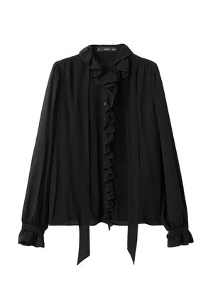 Blusa negra confeccionada en un tejido ligero, con un frente con volantes, mangas largas con puños fruncidos y un cuello atado.