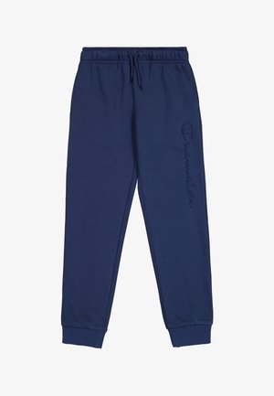 Marineblauwe sweats met een zachte stof. Voorzien van een elastische tailleband met trekkoord en een geborduurd logo aan de zijkant. Mouwboordjes.