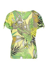 Krótki rękaw top w kwiatowy wzór z żywą zieloną i żółtą grafiką liści, wykonany z lekkiego materiału i z dekorem w postaci sznureczków na rękawach.