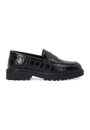 Schwarze Loafers aus glänzendem, krokodilgeprägtem Leder, mit abgerundeter Zehenpartie, dekorativer Naht und einer dicken, strukturierten Sohle.