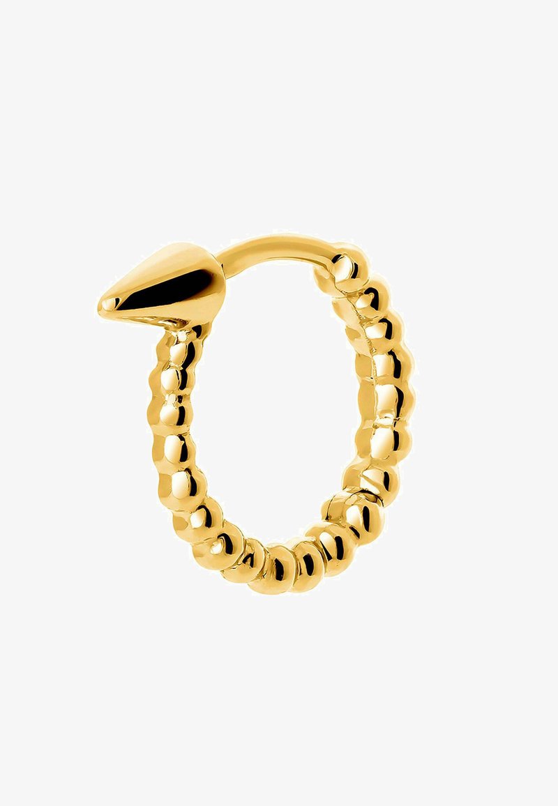 Anillo de oro con un diseño de perlas y un acabado liso y pulido. Punta cónica en un extremo, forma circular, superficie reflectante.