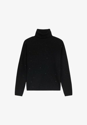 Schwarzer Rollkragenpullover mit entspannter Passform, aus weichem Material gefertigt, mit verstreuten metallischen Punkten für Textur und visuelles Interesse.