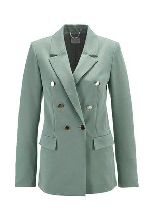 Doppelt geknöpfter Blazer aus weichem grünen Stoff, mit silbernen Knöpfen, notched Revers und zwei vorderen Taschen. Glatte Textur und maßgeschneiderte Passform.