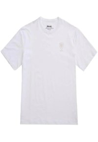 T-shirt di cotone bianco con maniche corte, colletto tondo e un piccolo logo in rilievo sul petto. Tessuto liscio, vestibilità normale.