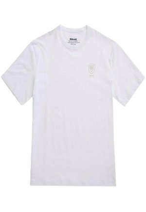 T-shirt di cotone bianco con maniche corte, colletto tondo e un piccolo logo in rilievo sul petto. Tessuto liscio, vestibilità normale.
