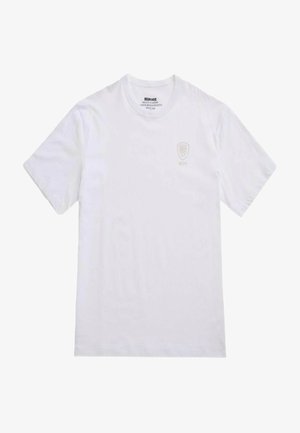 T-shirt di cotone bianco con maniche corte, colletto tondo e un piccolo logo in rilievo sul petto. Tessuto liscio, vestibilità normale.