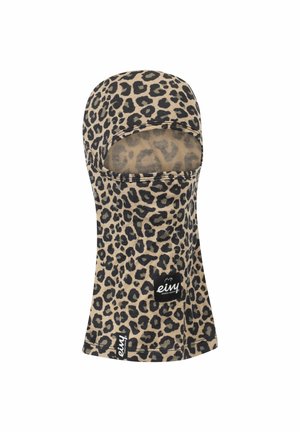 Luipaardprint balaclava van zachte stof. Heeft zwarte patronen op een beige achtergrond, uitsparingen voor de ogen en een logo-label aan de zijkant.