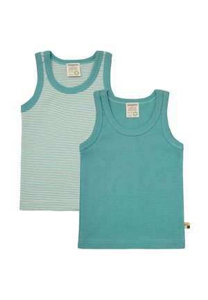 Set di due canotte turchesi: una tinta unita e una a righe con tonalità di turchese chiaro e scuro. Materiale in cotone morbido, scollatura rotonda e design senza maniche.